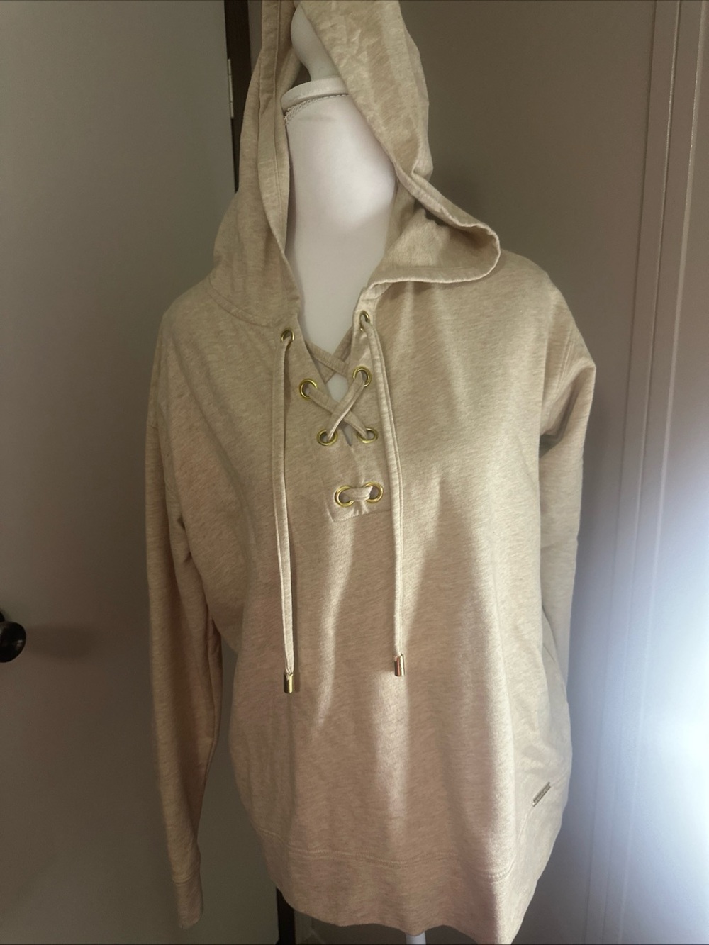 Beige Lace-Up Hooded Top